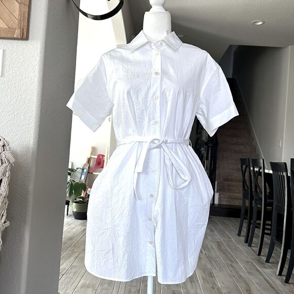NWT Coach Wrinkled Button Down Dress White Short Sleeve Cotton Tie Pockets Mini - Picture 6 of 13